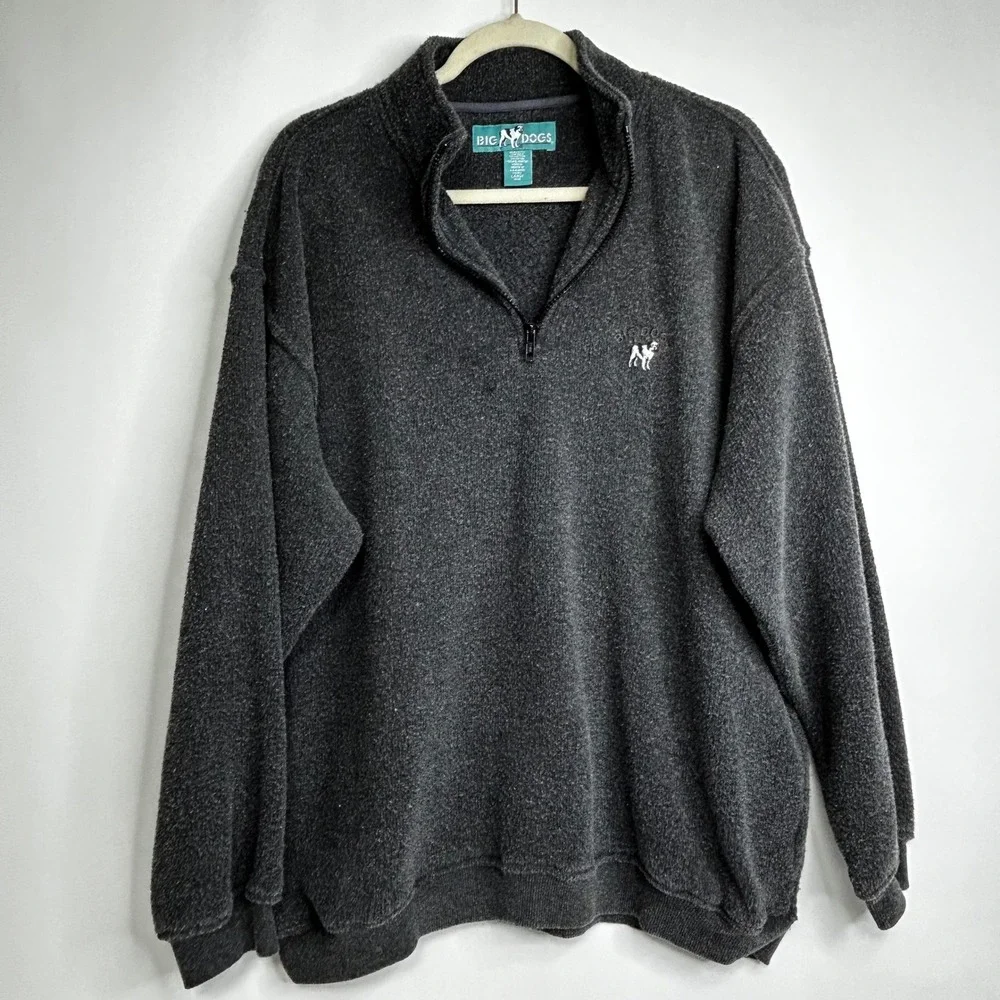 VTG Big Dogs Mens L Over‎ Charcoal Heather 1/4 Zip Pullover Sweatshirt Dog Logo